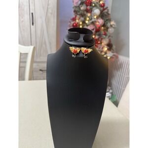 Vintage Holly Leaf Screwback Earrings Christmas‎ Lucite Red Berry Mid Century
